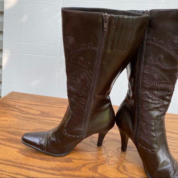 Vintage Y2K Brown Embroidered Floral Heel Boot 7.5 - Picture 8 of 12